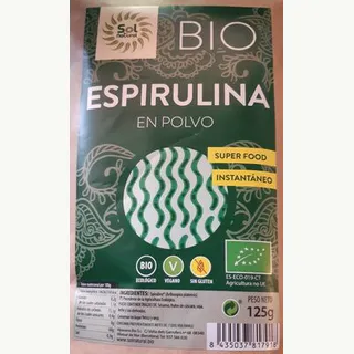 Envase frontal de Sol Natural Espirulina en polvo bio