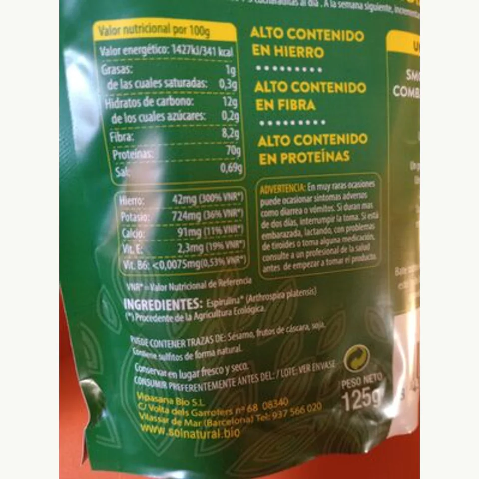Panel de ingredientes de Sol Natural Espirulina en polvo bio