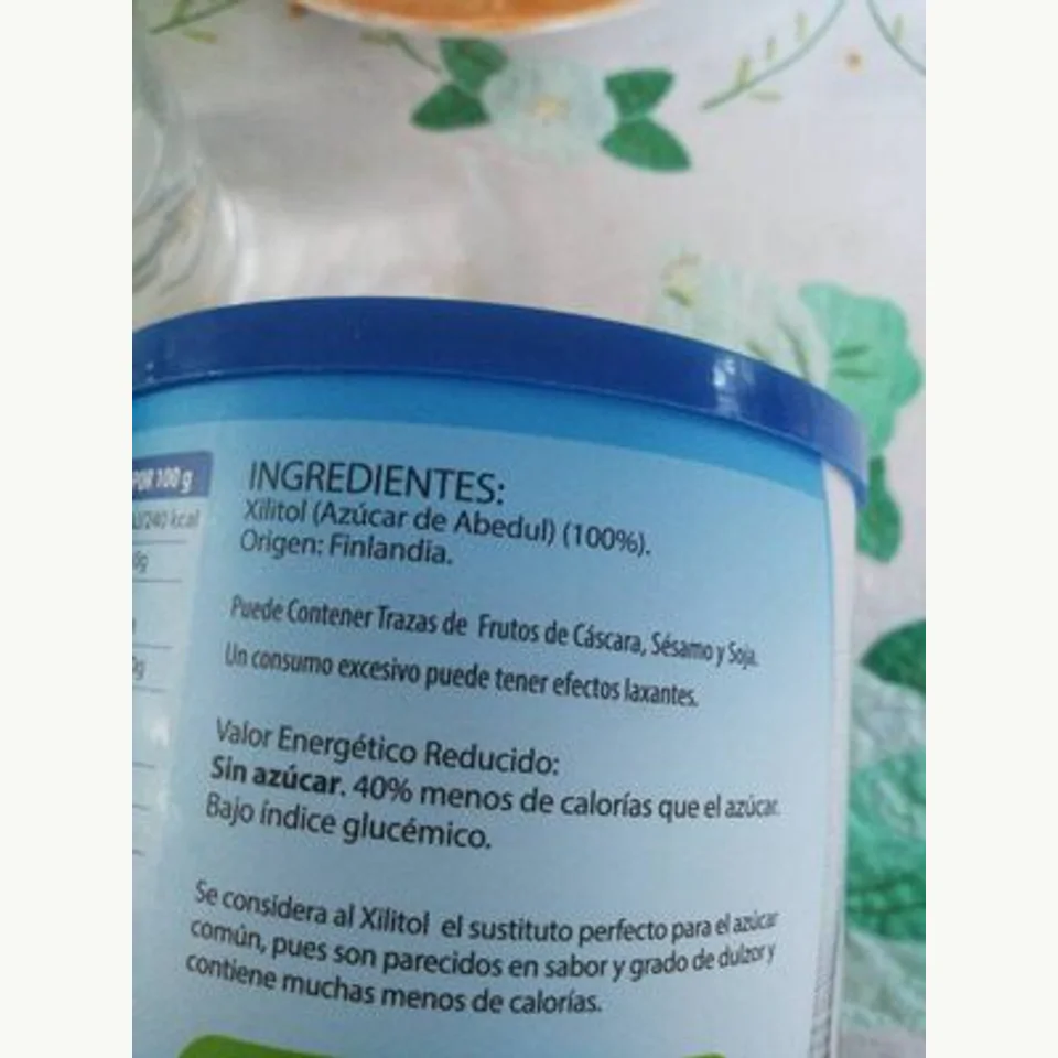 Panel de ingredientes del envase de Sol Natural Xilitol 500 g