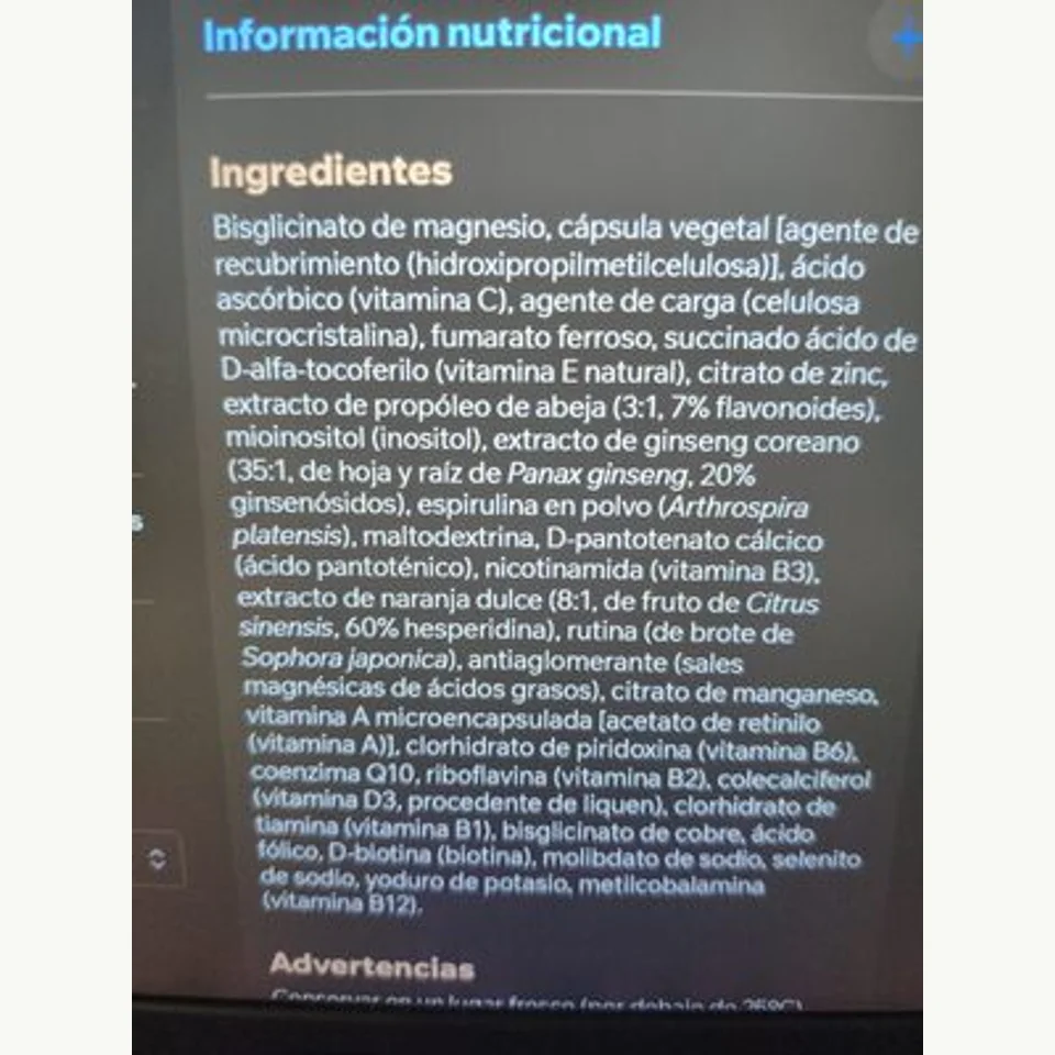 Panel de ingredientes en español de HSN Evovits